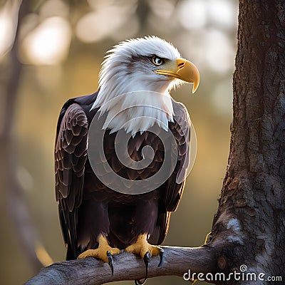 A majestic bald eagle poses for its portrait, perched on a tree branch, its keen eyes scanning the surroundings3 Stock Photo