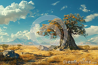 African Savanna with a Baobab Tree Stock Photo