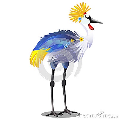 Majestic bird crown crane with headdress or Balearica pavonina isolated on white background. Vector cartoon close-up Vector Illustration