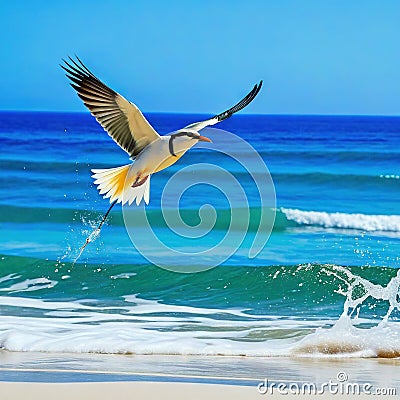 majestic bird soars above the crystal clear waters and sandy shores of a Cartoon Illustration