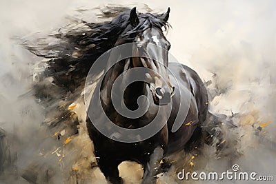 Majestic Black Horse Galloping in Field. Power and Grace of Wild Horse in Motion. Painting in style of Impressionism and Stock Photo