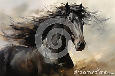 Majestic Black Horse on light background. Power and Grace of Wild Horse. Painting in style of Impressionism and oil Stock Photo