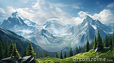 majestic blue view forest landscape Cartoon Illustration