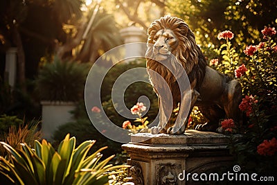 Majestic Bronze Lion Statue: Symbol of Leadership and Team Management in a Corporate Setting Stock Photo
