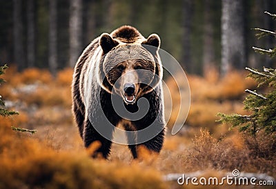 Majestic brown bear striding through an idyllic meadow, AI-generated. Stock Photo