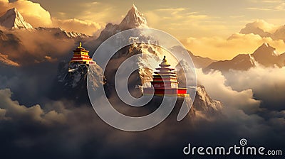 Majestic buddhist temple nestled in misty mountain surroundings at dawn exudes serenity Stock Photo