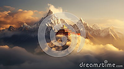 Majestic buddhist temple nestled in misty mountain surroundings at dawn exudes serenity Stock Photo