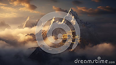 Majestic buddhist temple nestled in misty mountain surroundings at dawn exudes serenity Stock Photo