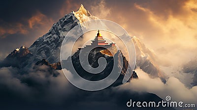 Majestic buddhist temple nestled in misty mountain surroundings at dawn exudes serenity Stock Photo