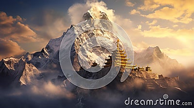 Majestic buddhist temple nestled in misty mountain surroundings at dawn exudes serenity Stock Photo