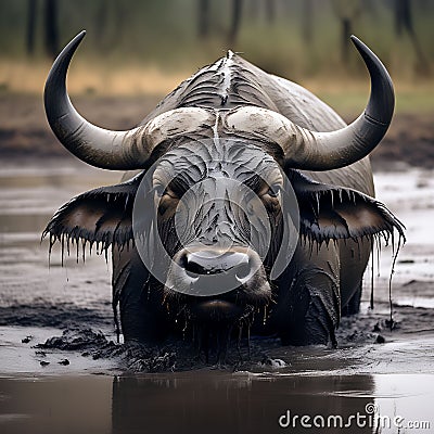 A majestic buffalo bull (Syncerus caffer) captured in a close-up, showcasing its powerful head and horns covered in mud Stock Photo