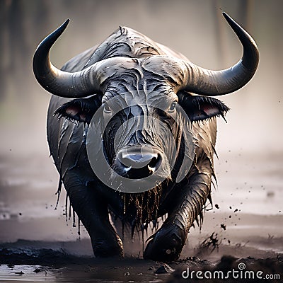 A majestic buffalo bull (Syncerus caffer) captured in a close-up, showcasing its powerful head and horns covered in mud Stock Photo