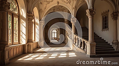 Majestic Castle Interior: Grand Hall and Sweeping Staircase Stock Photo