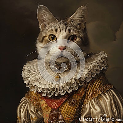Majestic Cat in Ornate Elizabethan Ruff and Garb, Elegant tabby cat adorned with a detailed Elizabethan ruff Stock Photo