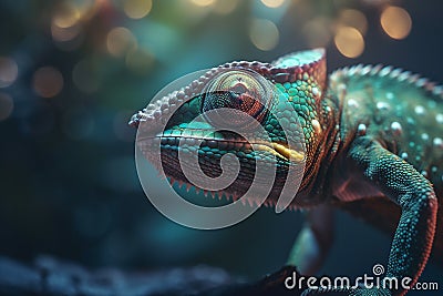 Majestic Chameleon on a Blue Blurred Background Stock Photo