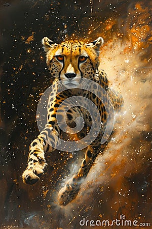 Majestic Cheetah in Dynamic Motion Through Cosmic Dust on a Dark Background with Orange Sparks Stock Photo