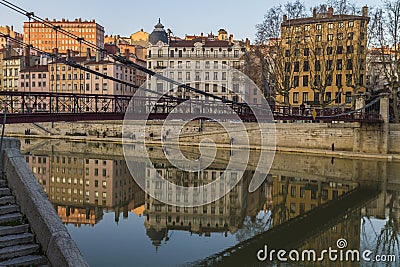 Majestic cityscape of Lyon city by the river with building reflections on the water Editorial Stock Photo