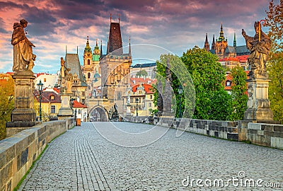 Spectacular medieval stone Charles bridge with statues, Prague, Czech Republic Stock Photo