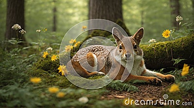The majestic creature, lying gracefully in the clearing, gazes with vulnerability and resilience Stock Photo