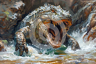 Majestic Crocodile Emerging from Water with Open Jaws in a Dynamic Wildlife Illustration Stock Photo