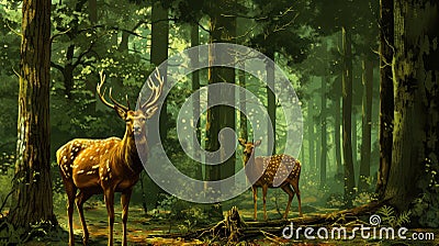 Majestic Deer Amidst Lush Forest Greens. Stock Photo