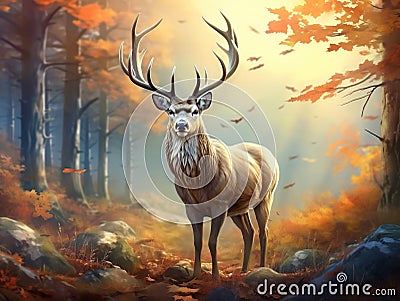 Majestic deer on autumn background Cartoon Illustration