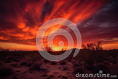 majestic desert sunset, with vibrant hues of orange and red Stock Photo