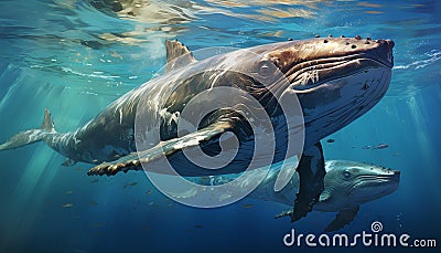 Majestic dolphin swimming underwater, face to face with playful turtle generated by AI Stock Photo