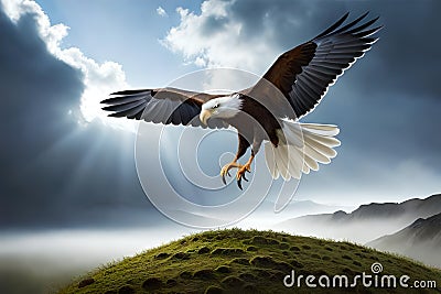 A majestic eagle perched on a moss-covered branch against a dramatic cloudy sky Stock Photo
