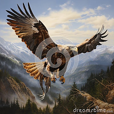 Majestic Eagle Soaring Over Breathtaking Mountainous Vistas Stock Photo