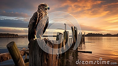 Majestic Eagle On Wooden Fence At Sunset - Dutch Marine Scenes Inspired Stock Photo