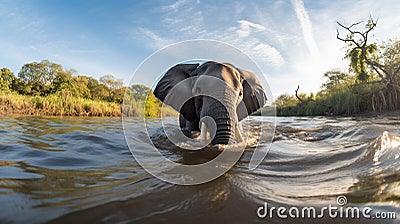 Majestic Elephant Drinking in Morning River Stock Photo