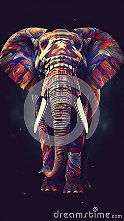 Majestic Elephant in Grungeon Style on Dark Background. Cartoon Illustration