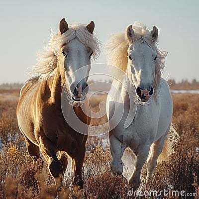 Majestic farm scene White and brown horses gallop freely Stock Photo