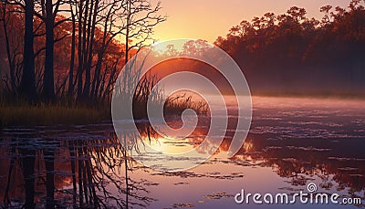 Majestic Foggy River in Autumn Dawn Stock Photo