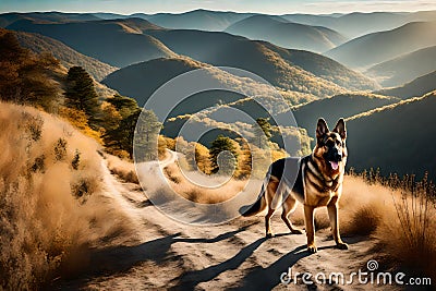 A majestic German Shepherd standing proudly on a hill, overlooking a scenic landscape Stock Photo
