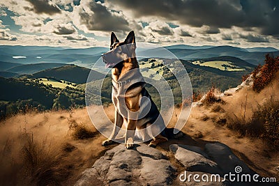 A majestic German Shepherd standing proudly on a hill, overlooking a scenic landscape Stock Photo