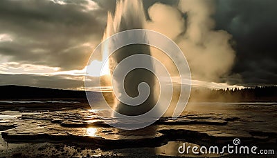 Majestic geyser erupting in panoramic volcanic landscape generated by AI Stock Photo