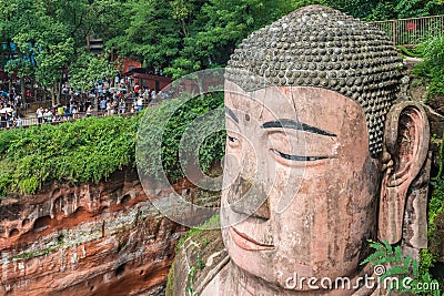 Majestic Giant Leshan Buddha head, face and torso Editorial Stock Photo