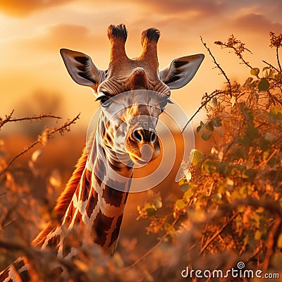 Majestic Giraffe in Golden Hour Stock Photo