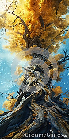 Hyperrealistic Illustrations Of A Tree Rooted In Dark Blue Cloud And Yellow Branches Stock Photo