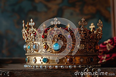 A majestic gold crown sits gracefully on a rustic wooden table, exuding authority and royal splendor, A gift box masquerading as a Stock Photo