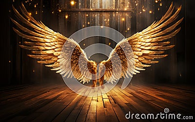 Majestic golden angel wings spread wide open in a wooden room with ethereal light and sparkling dust symbolizing freedom Stock Photo