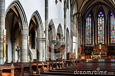 Majestic gothic cathedral interior. Stock Photo