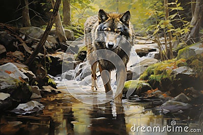 Majestic gray wolf gracefully prowling in the enchanting beauty of a forest landscape Cartoon Illustration