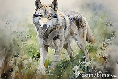 Majestic gray wolf prowling through the tranquil forest landscape, showcasing nature beauty Cartoon Illustration