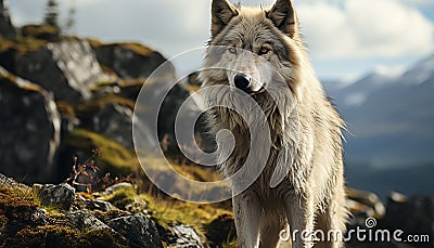 Majestic gray wolf standing in snowy mountain, watching wilderness generated by AI Stock Photo