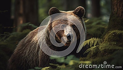 Majestic grizzly bear looking at camera in forest generated by AI Stock Photo