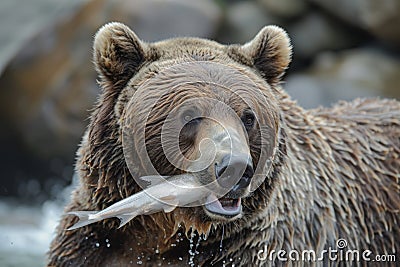 Grizzly bear hunts for salmon in white water river Stock Photo