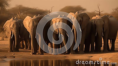 A herd of elephants quenching their thirst at a watering hole created with Generative AI Stock Photo